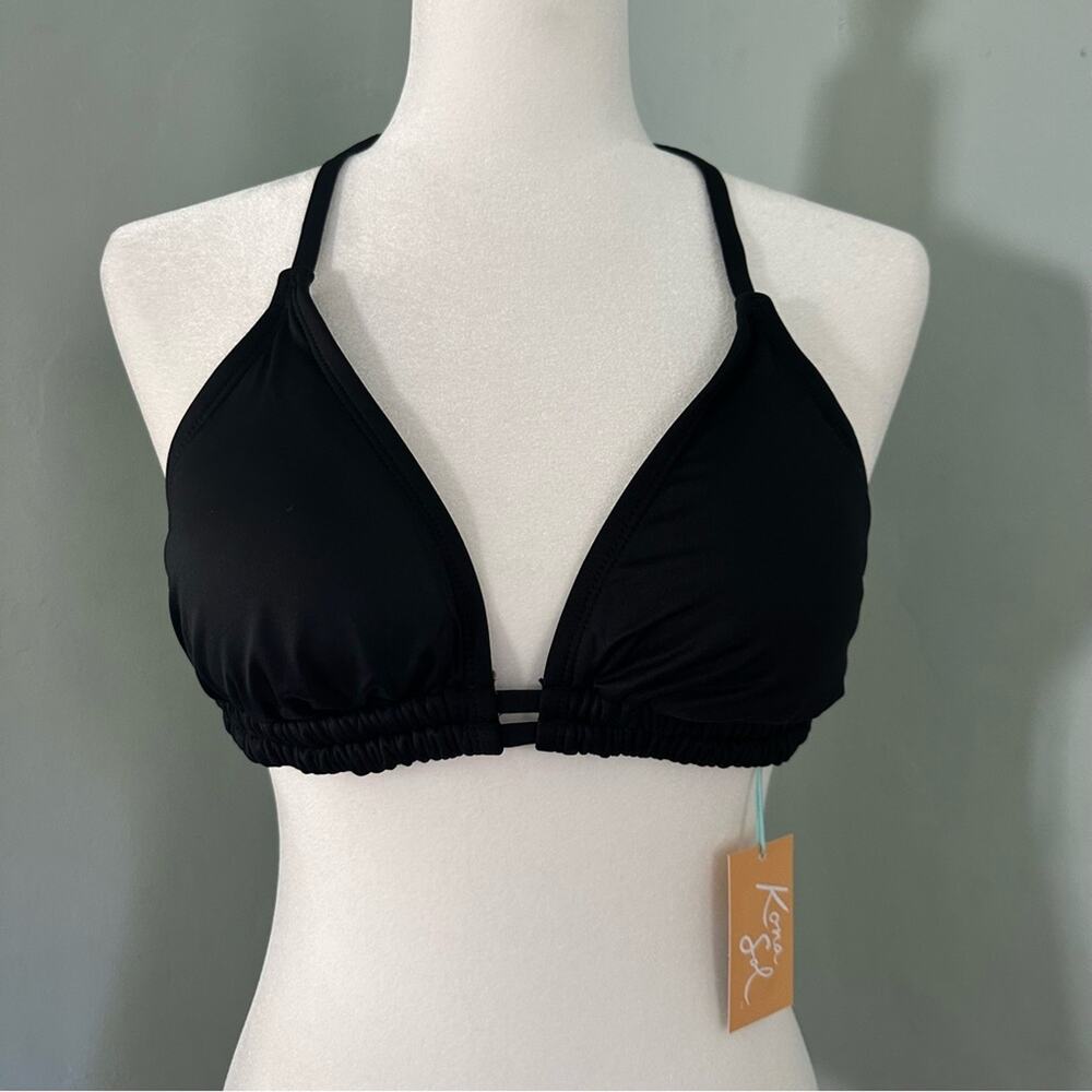 NWT!! Kona Sol Solid Black Bikini Top, Triangle w/ Double Ruching, XL (14/16)